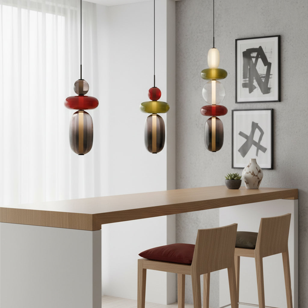 LED-Glas-Pendelleuchte mit gestapelten Kugeln und Schirmen