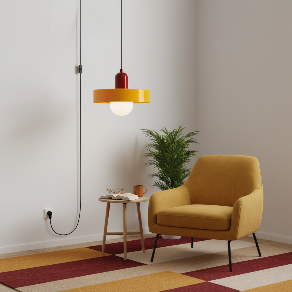 Kleine Glas-Pendelleuchte mit flacher Scheibe und runder Kugel